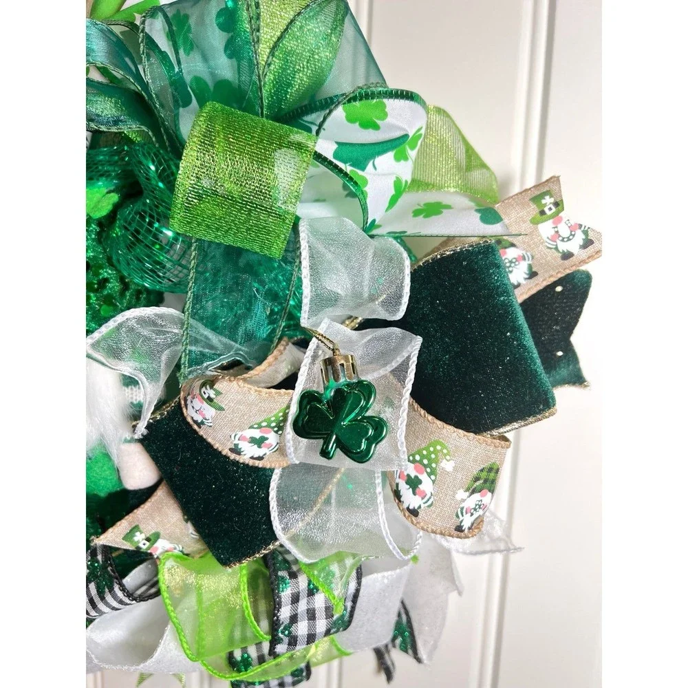 13” St. Patrick’s Day Ribbon Wreath Gnomes : Green & White Handmade MW10